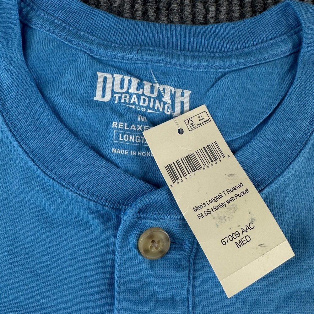 Duluth Trading Co Mens Longtail T Relaxed Fit SS Henley Pocket Blue Shirt 67009 - Picture 3 of 5